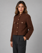 Women's Cropped Gold Button Jacket - Structured Stand Collar Fit