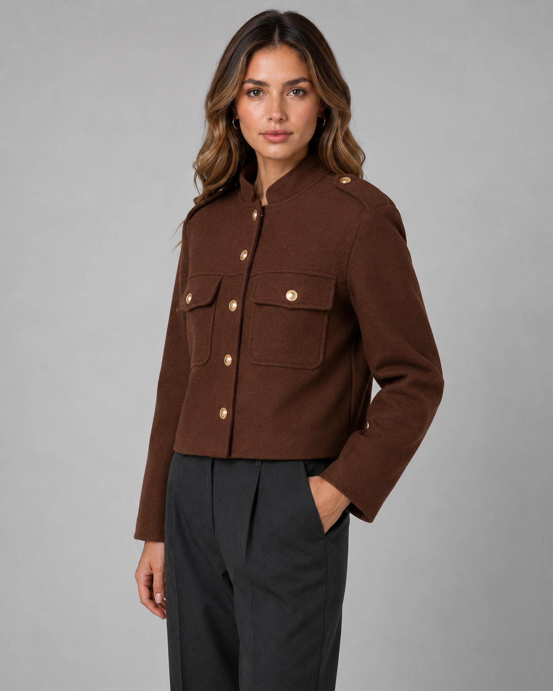 Women's Cropped Gold Button Jacket - Structured Stand Collar Fit