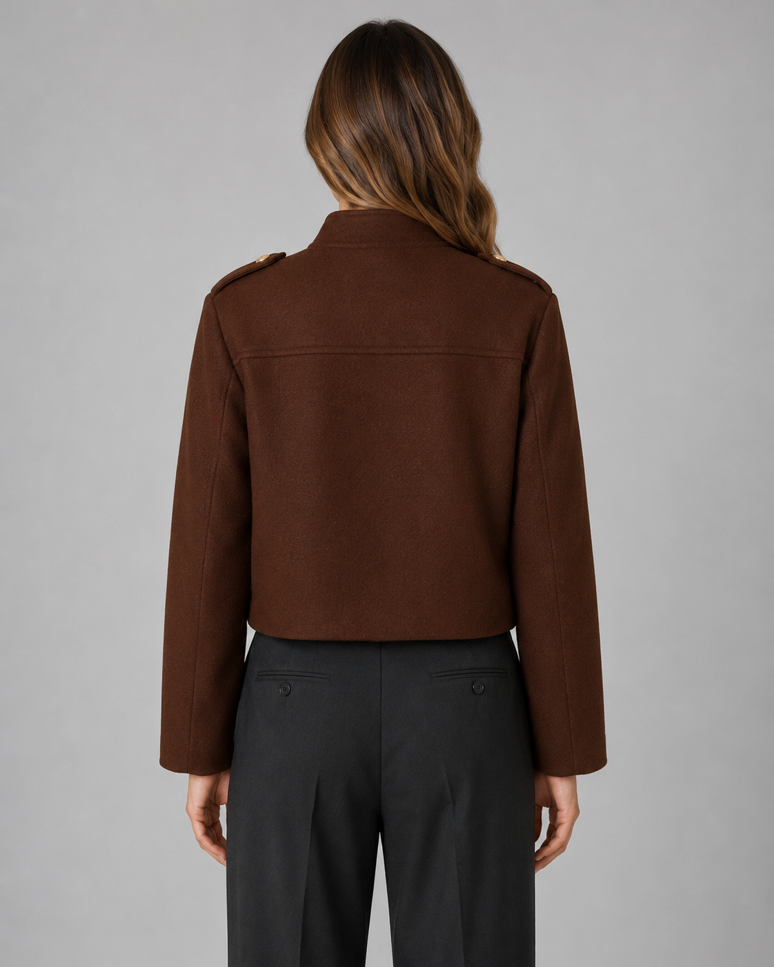 Women's Cropped Gold Button Jacket - Structured Stand Collar Fit