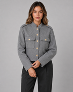 Women's Cropped Gold Button Jacket - Structured Stand Collar Fit