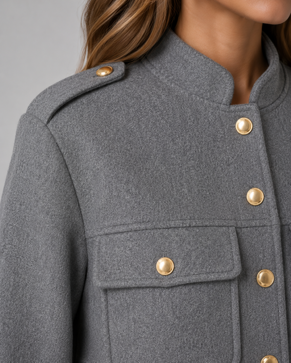 Women's Cropped Gold Button Jacket - Structured Stand Collar Fit