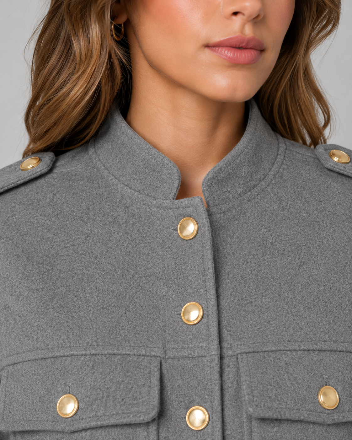 Women's Cropped Gold Button Jacket - Structured Stand Collar Fit