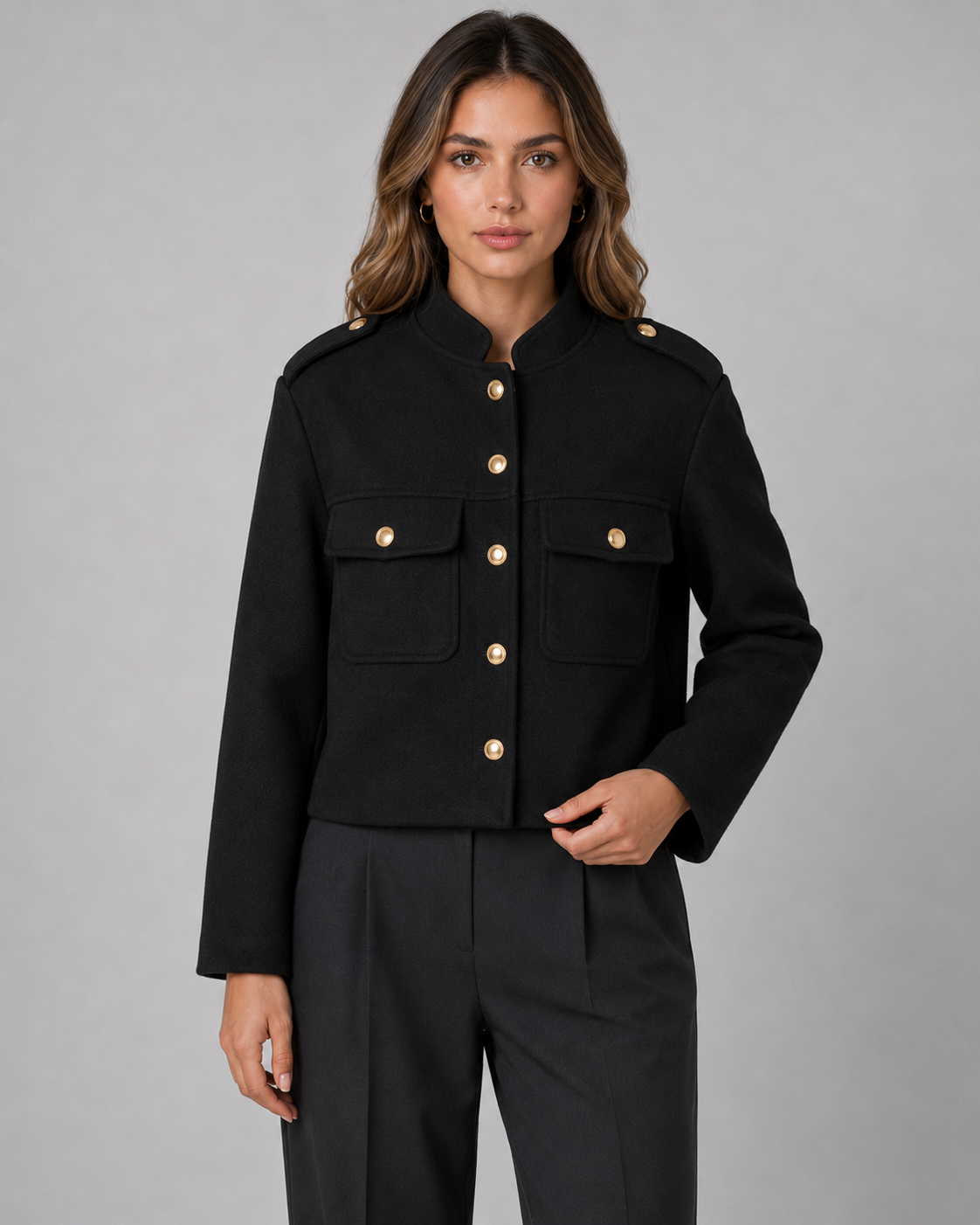 Women's Cropped Gold Button Jacket - Structured Stand Collar Fit