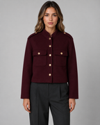 Women's Cropped Gold Button Jacket - Structured Stand Collar Fit