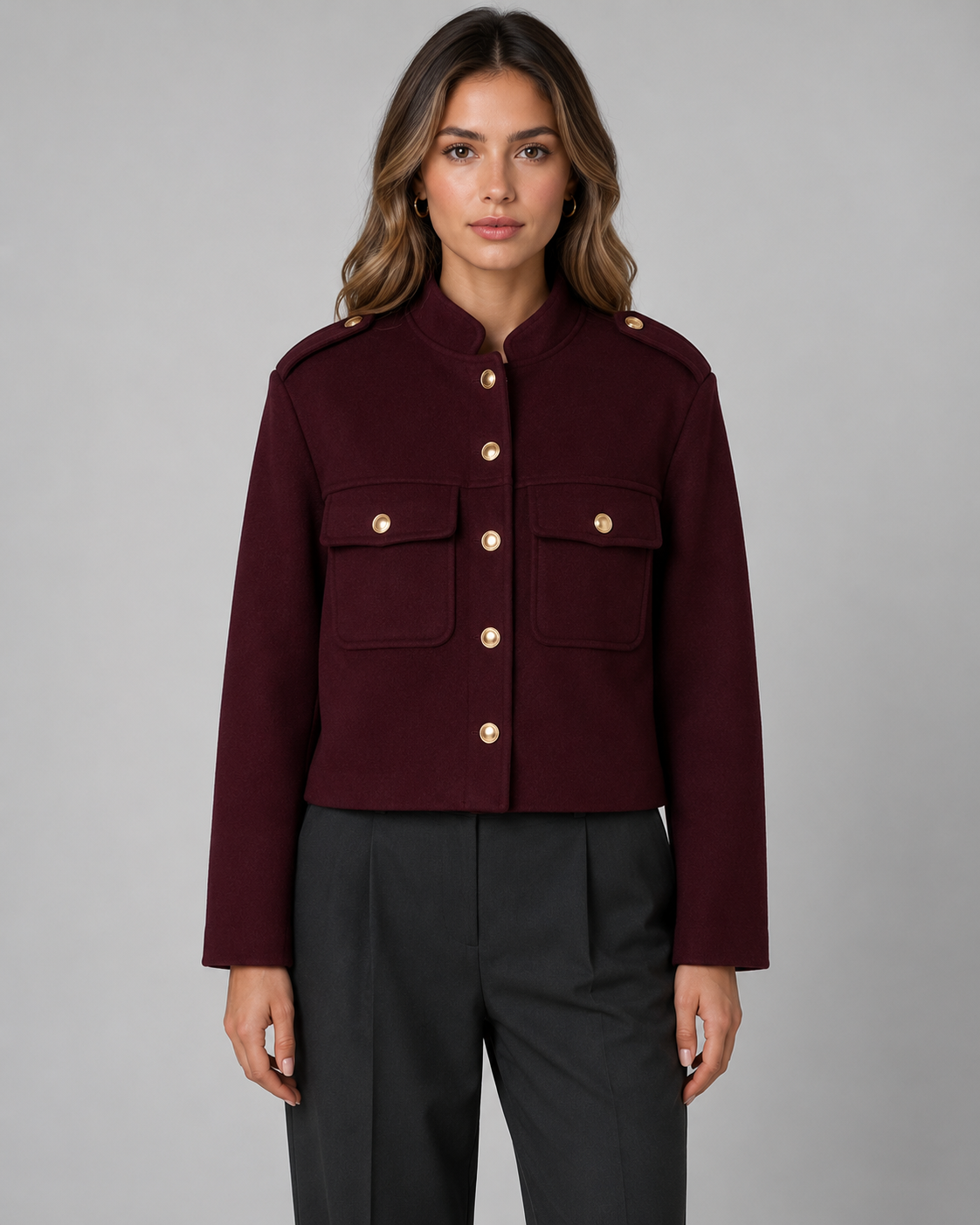 Women's Cropped Gold Button Jacket - Structured Stand Collar Fit