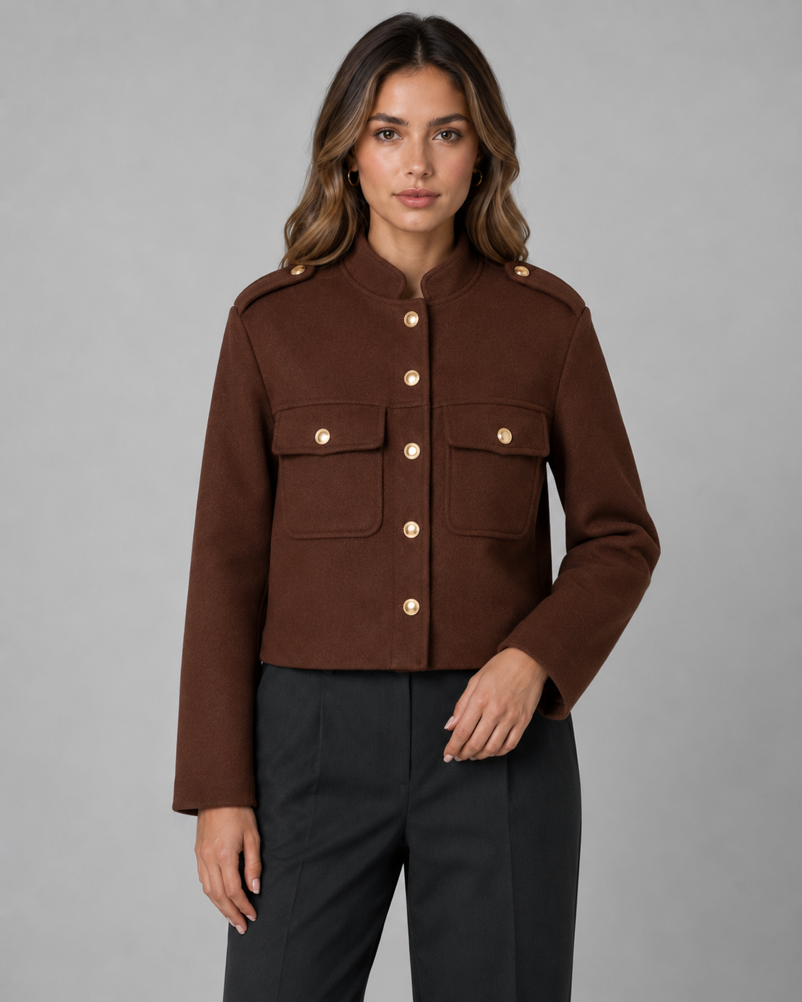 Women's Cropped Gold Button Jacket - Structured Stand Collar Fit