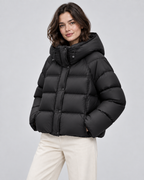 Women's Cropped Puffer Jacket - Hooded Funnel Neck Relaxed Fit