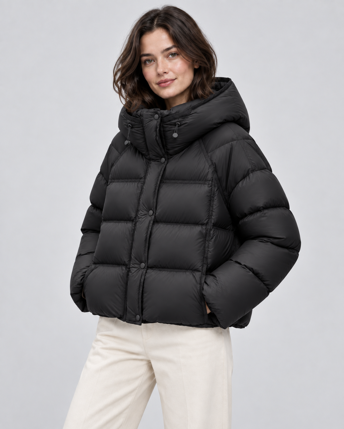Women's Cropped Puffer Jacket - Hooded Funnel Neck Relaxed Fit