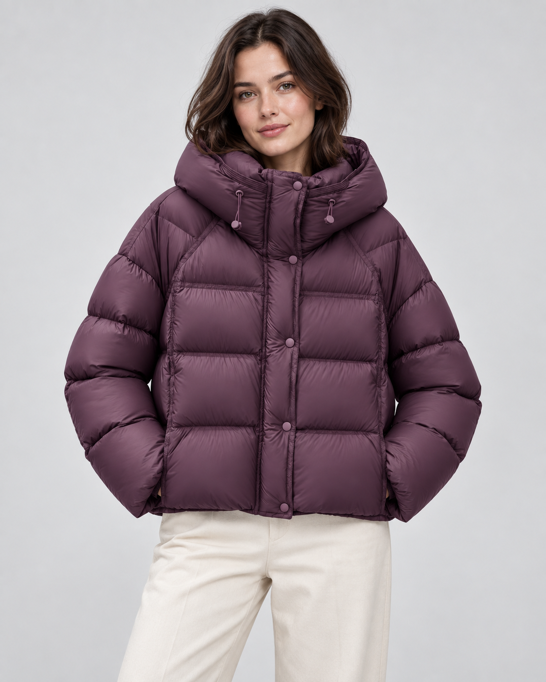 Women's Cropped Puffer Jacket - Hooded Funnel Neck Relaxed Fit