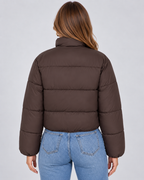 Women's Cropped Puffer Jacket – Quilted High Collar Zip Front
