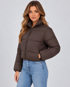 Women's Cropped Puffer Jacket – Quilted High Collar Zip Front