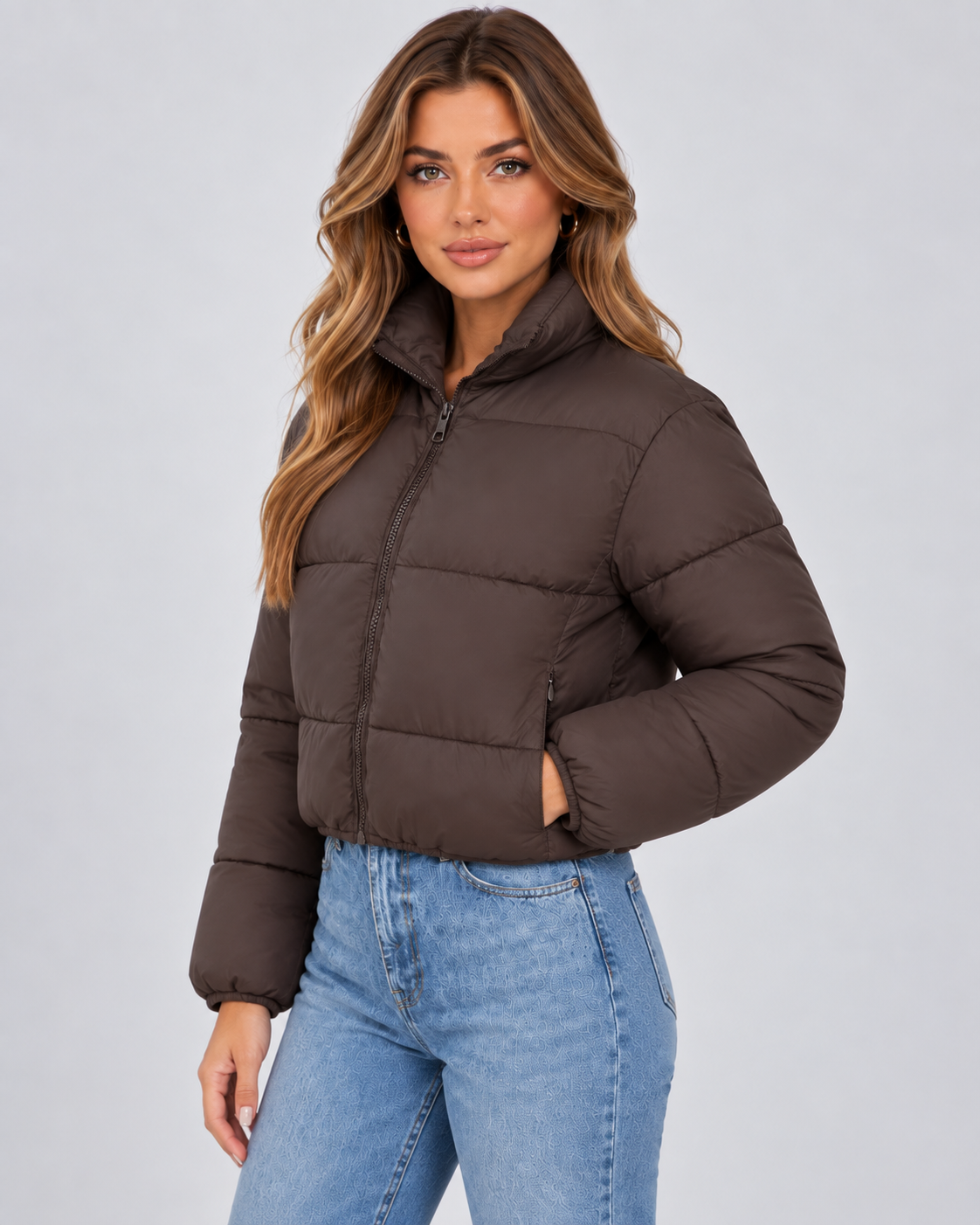 Women's Cropped Puffer Jacket – Quilted High Collar Zip Front
