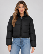 Women's Cropped Puffer Jacket – Quilted High Collar Zip Front