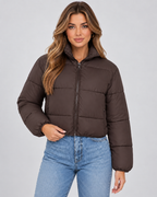 Women's Cropped Puffer Jacket – Quilted High Collar Zip Front