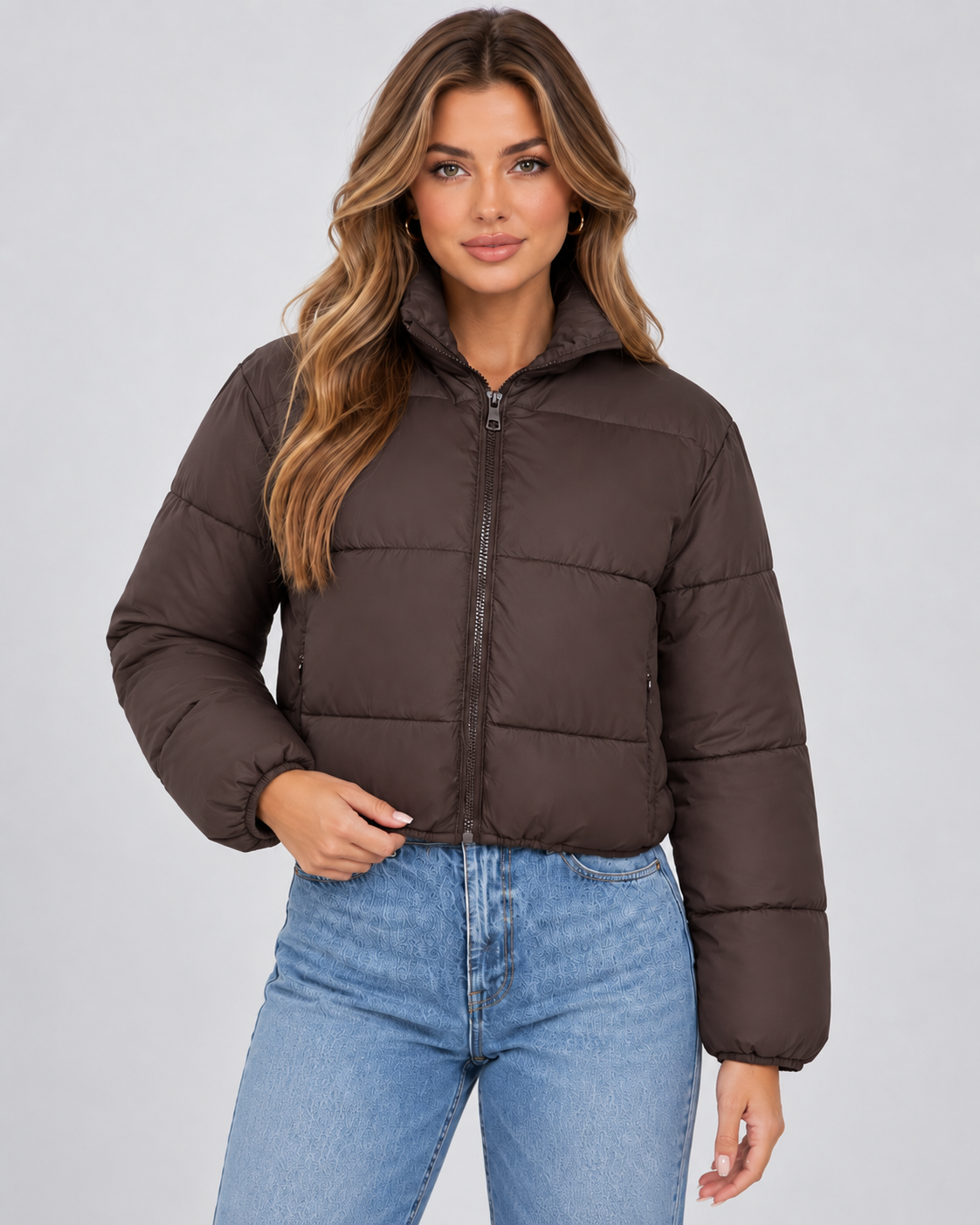 Women's Cropped Puffer Jacket – Quilted High Collar Zip Front