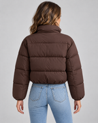 Women's Cropped Quilted Puffer Jacket - Funnel Neck Zip Front