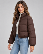 Women's Cropped Quilted Puffer Jacket - Funnel Neck Zip Front