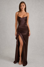 Women’s Draped Satin Maxi Dress with Split Detail for Evening & Formal Wear