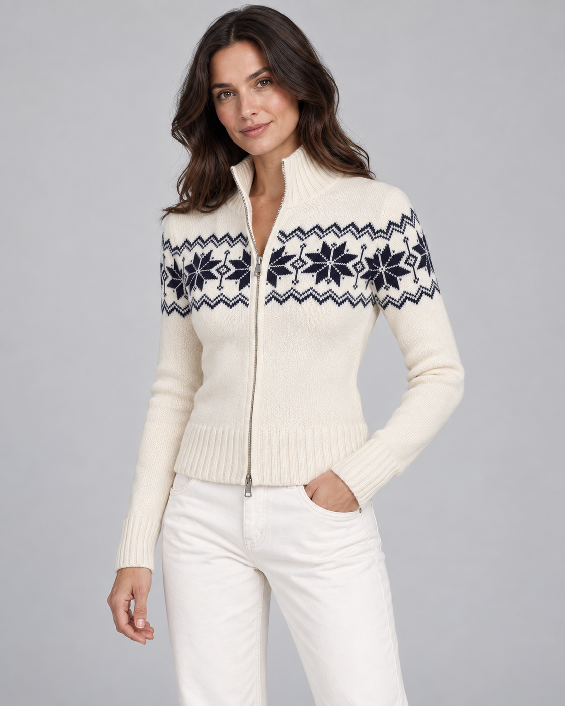 Women's Fair Isle Cardigan - Two-Way Zip Funnel Neck Snowflake