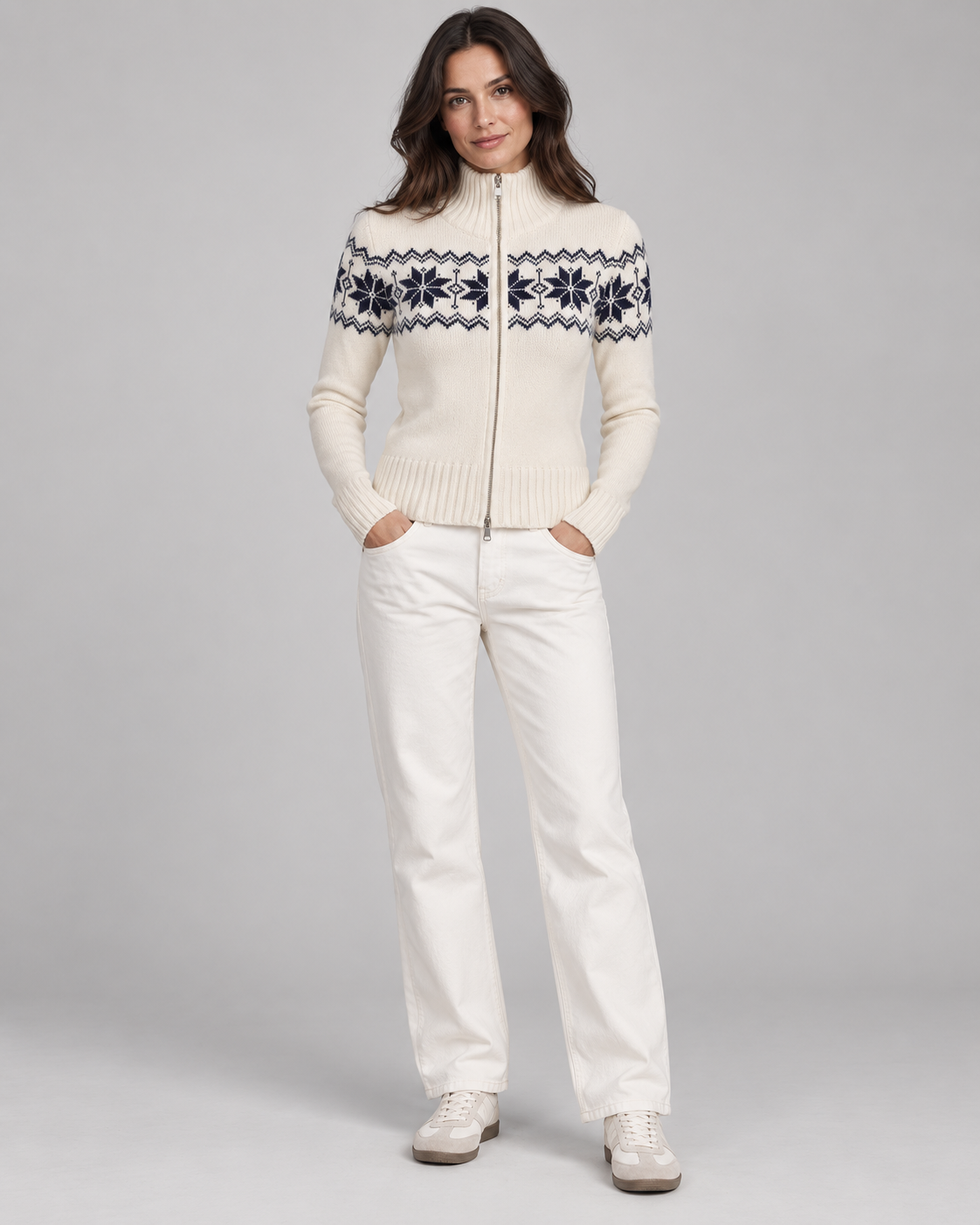 Women's Fair Isle Cardigan - Two-Way Zip Funnel Neck Snowflake