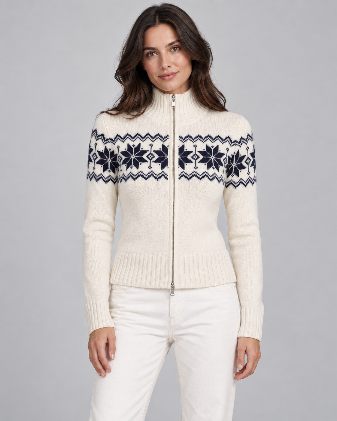Women's Fair Isle Cardigan - Two-Way Zip Funnel Neck Snowflake