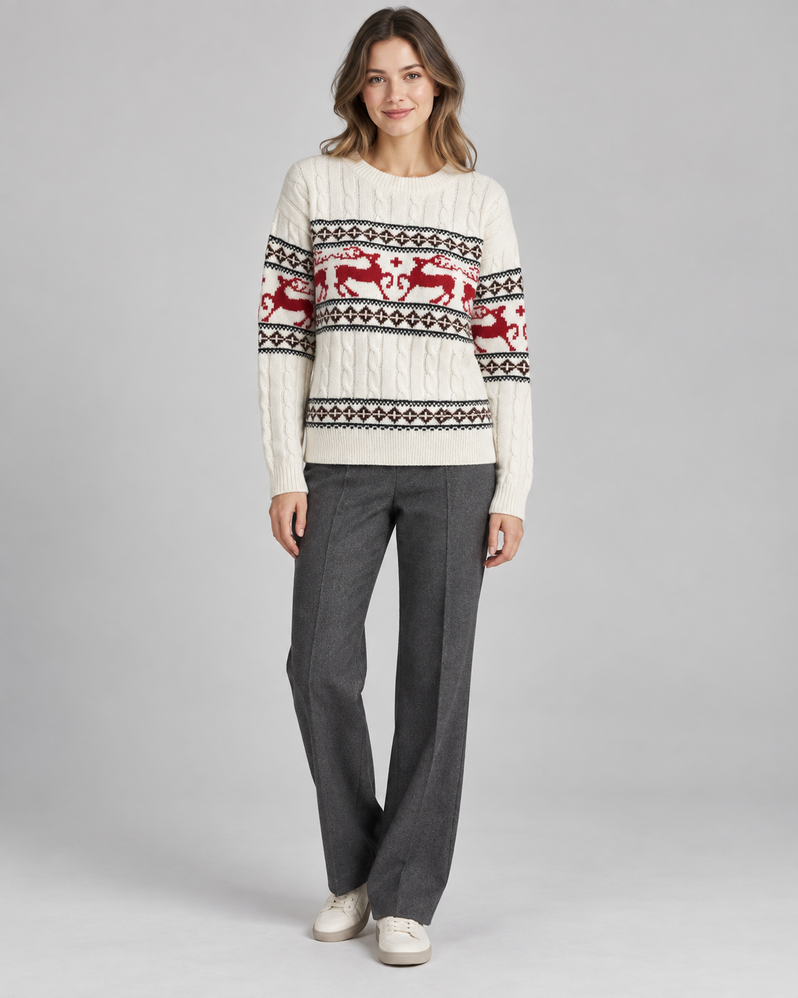 Women's Fair Isle Christmas Jumper - Aran Cable Reindeer