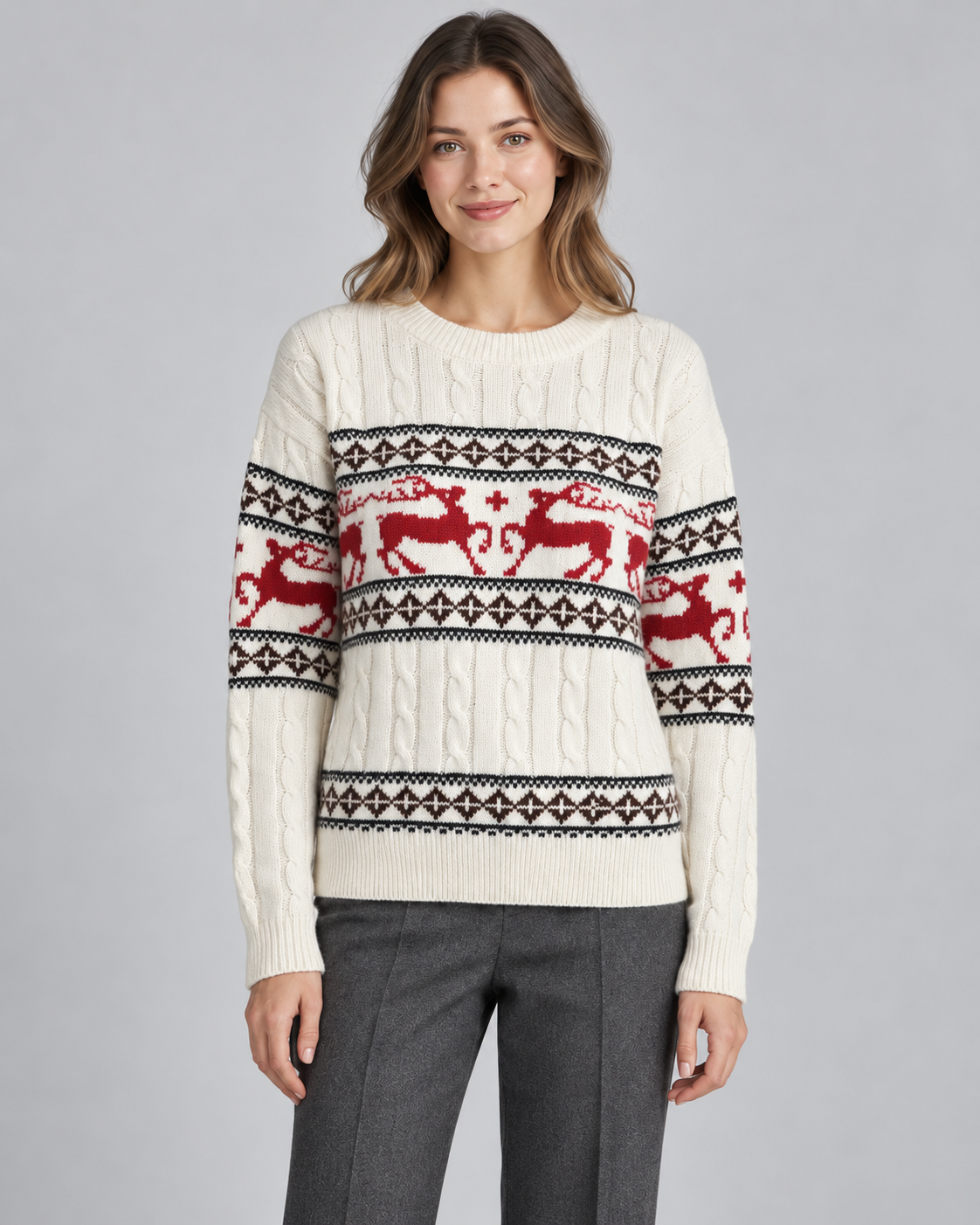 Women's Fair Isle Christmas Jumper - Aran Cable Reindeer