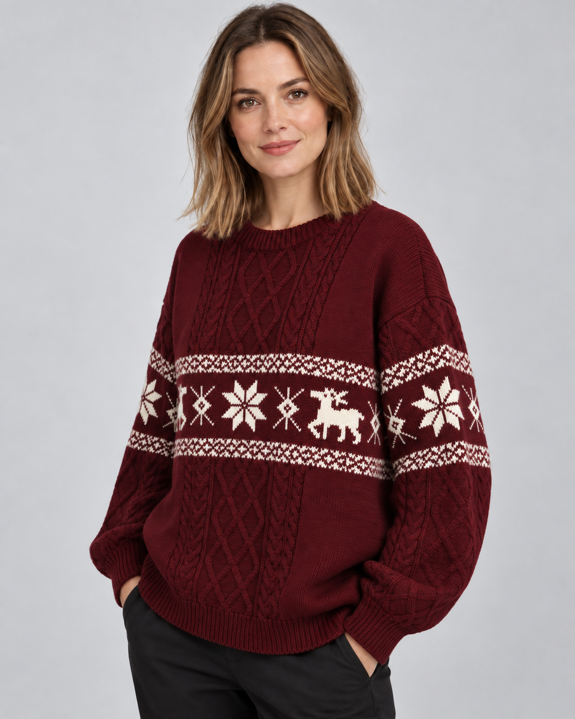 Women's Fair Isle Christmas Jumper - Cable Knit Reindeer