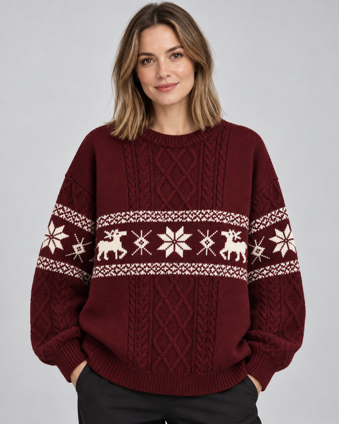 Women's Fair Isle Christmas Jumper - Cable Knit Reindeer