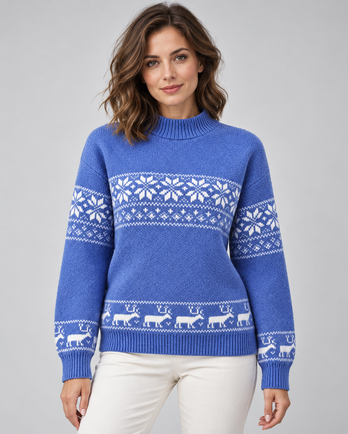 Women's Fair Isle Christmas Jumper - Mock Neck Reindeer Hem