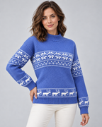 Women's Fair Isle Christmas Jumper - Mock Neck Reindeer Hem