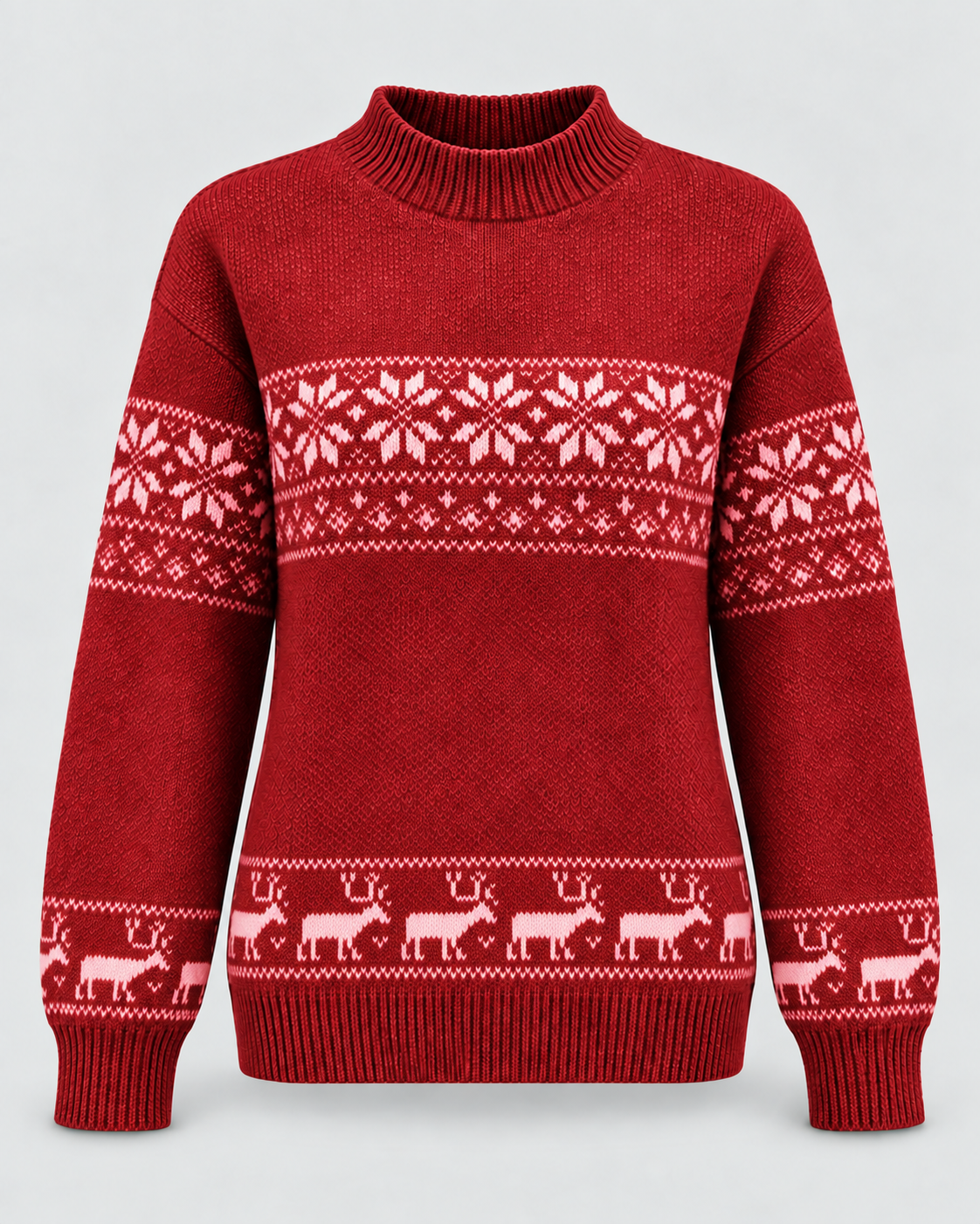 Women's Fair Isle Christmas Jumper - Mock Neck Reindeer Hem