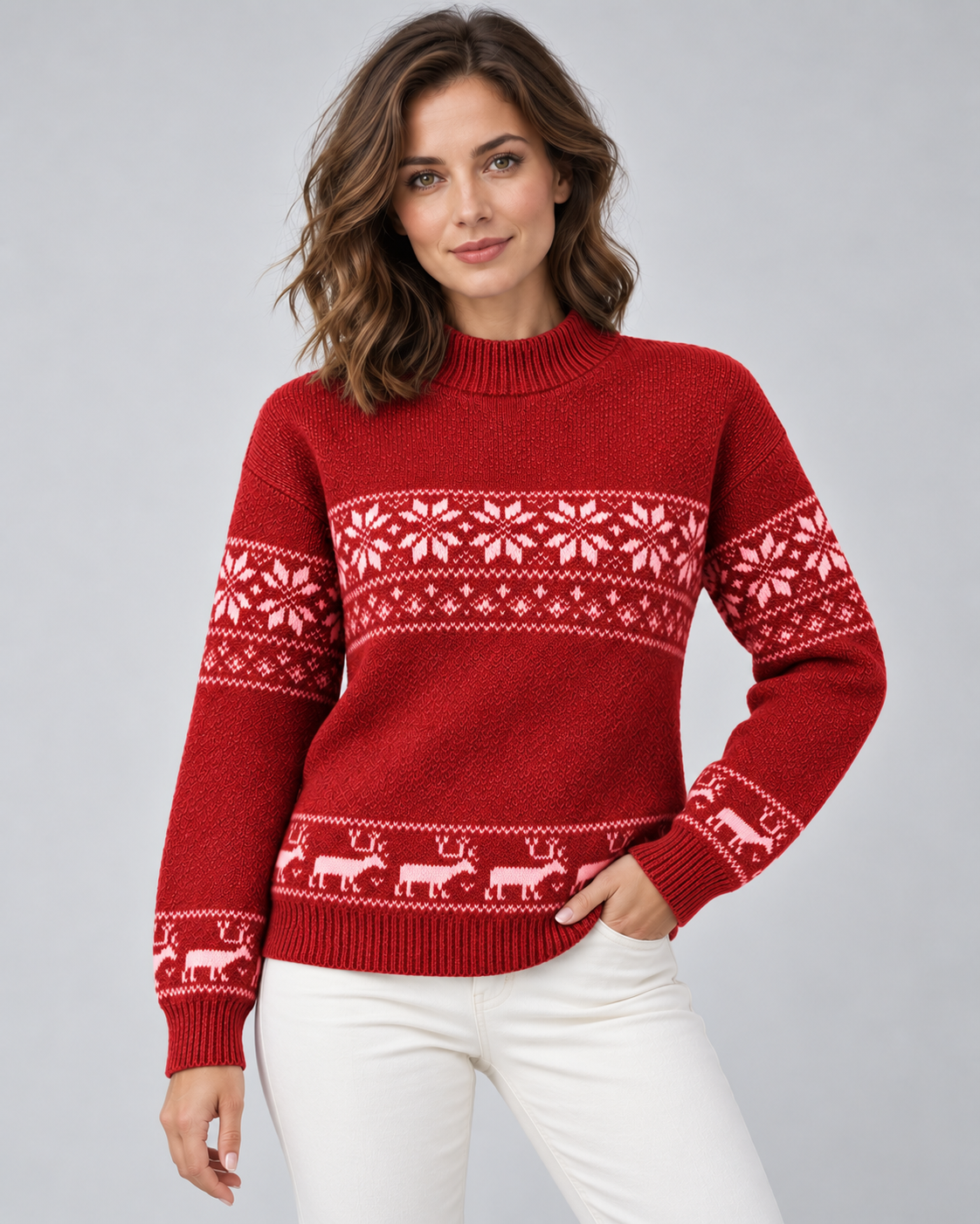 Women's Fair Isle Christmas Jumper - Mock Neck Reindeer Hem