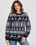 Women's Fair Isle Christmas Jumper - Reindeer Fir Tree Crew Neck