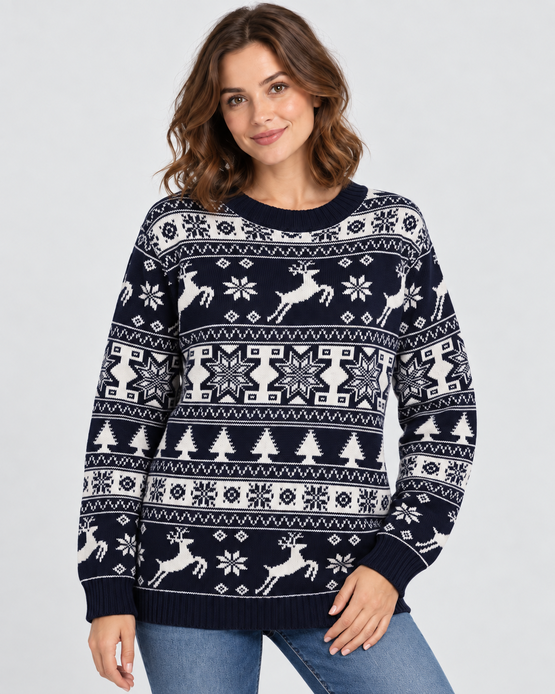 Women's Fair Isle Christmas Jumper - Reindeer Fir Tree Crew Neck