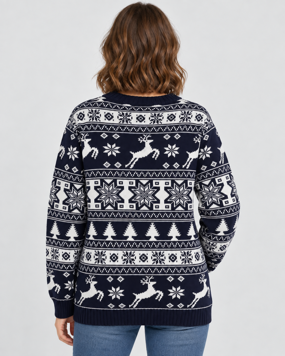 Women's Fair Isle Christmas Jumper - Reindeer Fir Tree Crew Neck