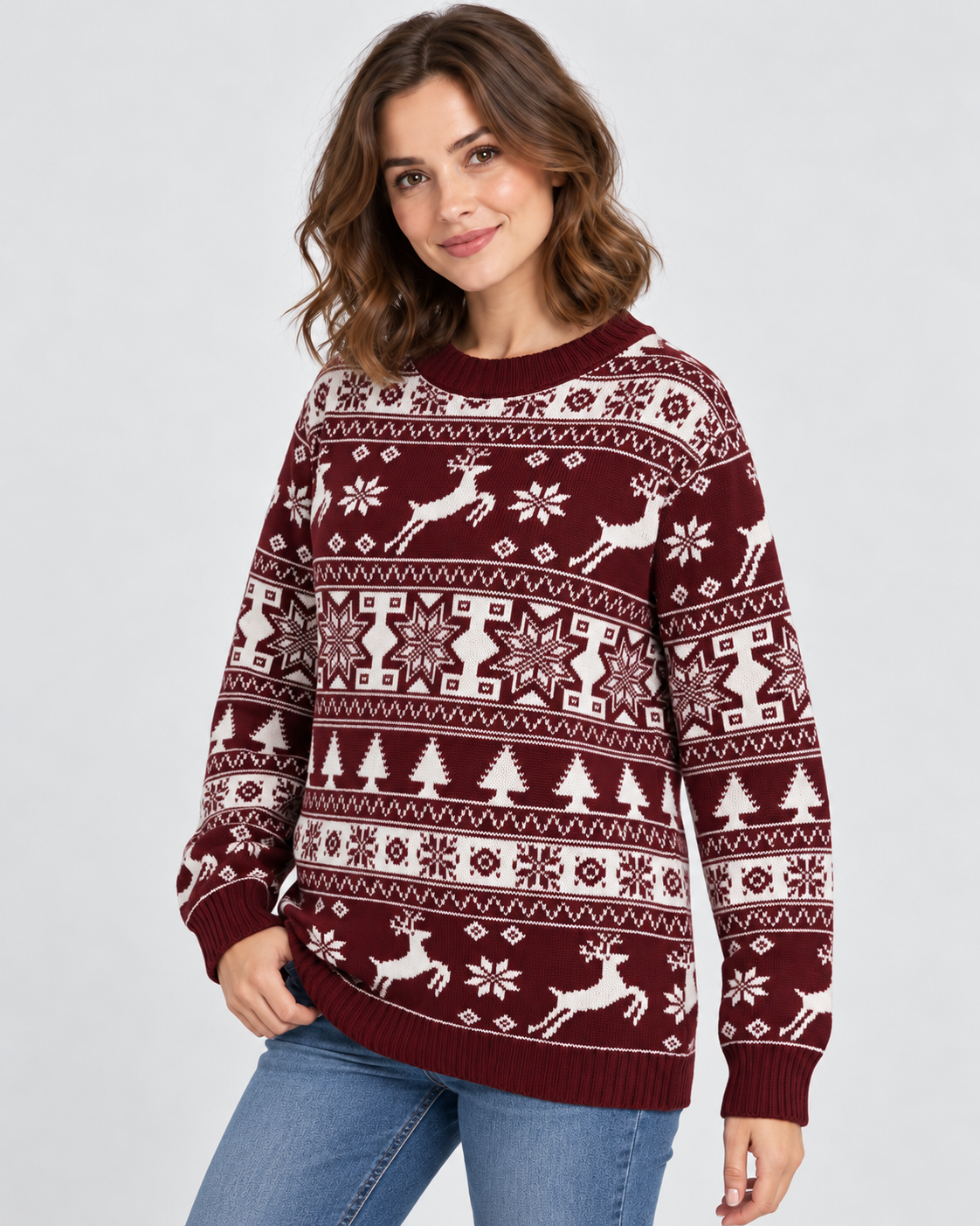 Women's Fair Isle Christmas Jumper - Reindeer Fir Tree Crew Neck