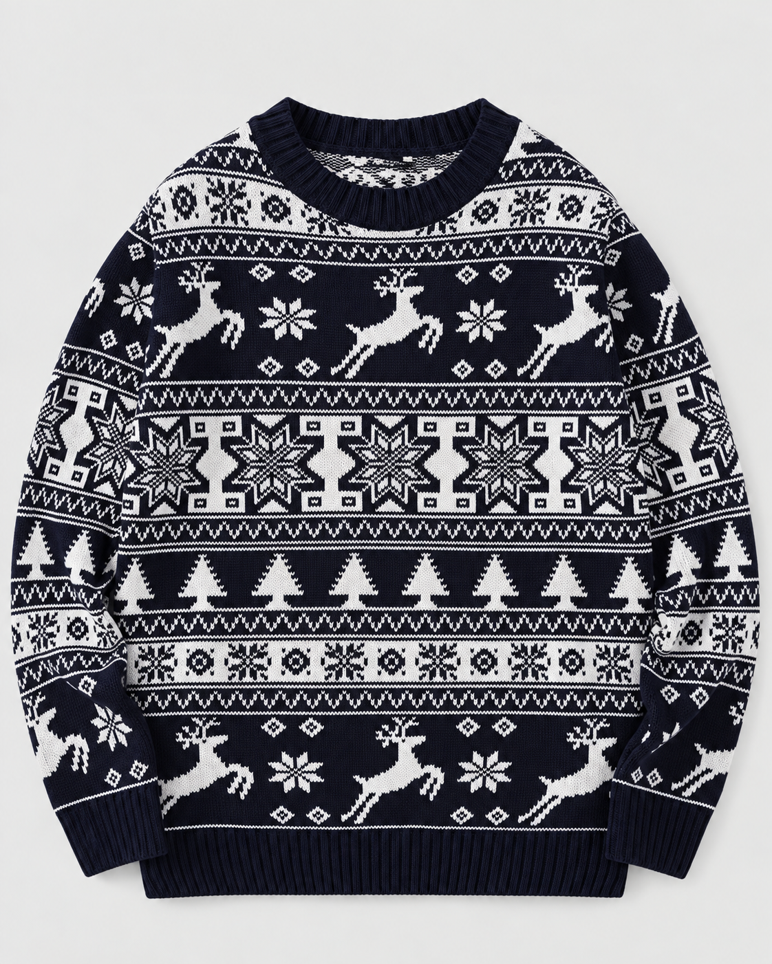 Women's Fair Isle Christmas Jumper - Reindeer Fir Tree Crew Neck