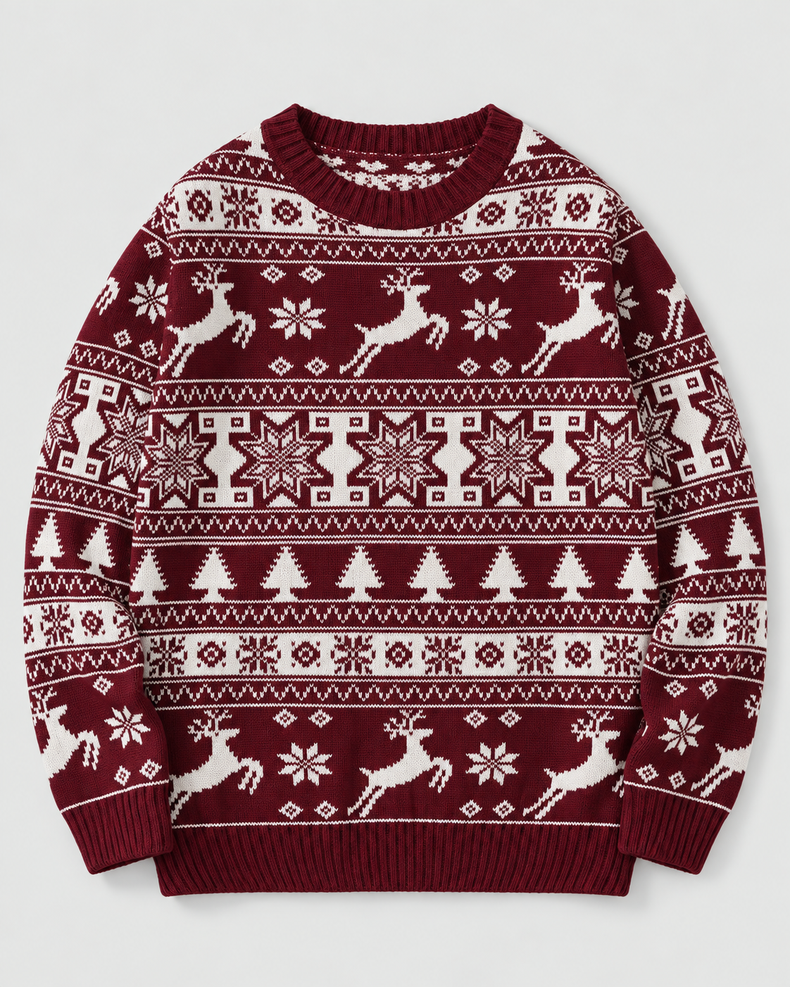 Women's Fair Isle Christmas Jumper - Reindeer Fir Tree Crew Neck
