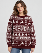 Women's Fair Isle Christmas Jumper - Reindeer Fir Tree Crew Neck