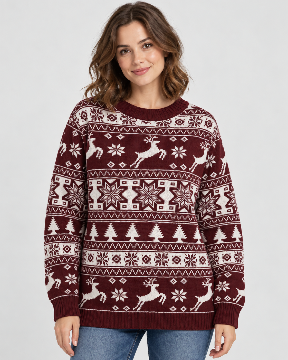 Women's Fair Isle Christmas Jumper - Reindeer Fir Tree Crew Neck