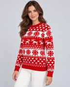 Women's Fair Isle Christmas Jumper - Reindeer Snowflake Crew Neck