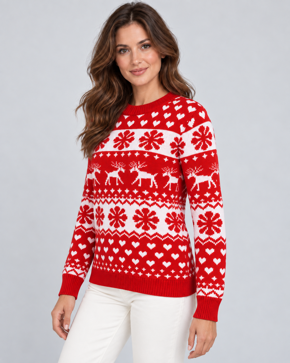 Women's Fair Isle Christmas Jumper - Reindeer Snowflake Crew Neck