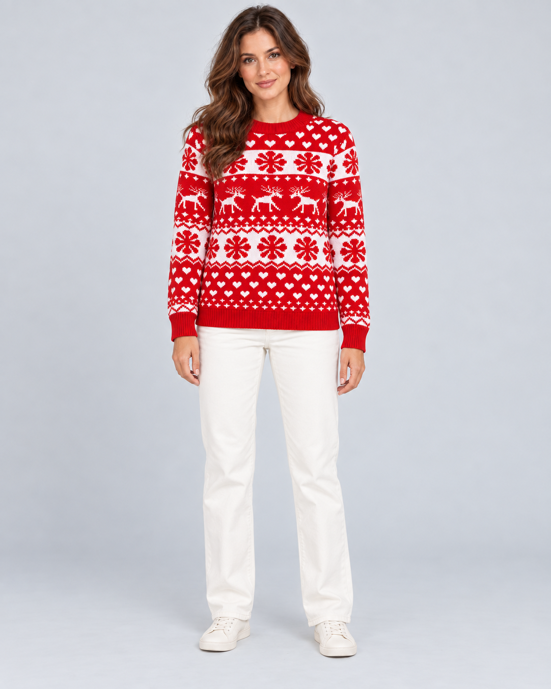 Women's Fair Isle Christmas Jumper - Reindeer Snowflake Crew Neck