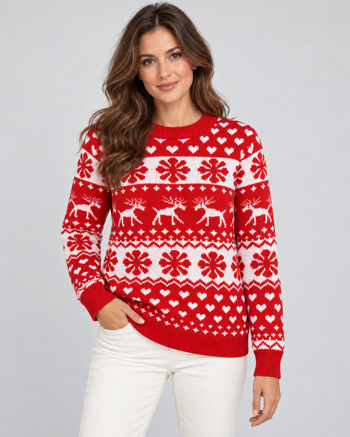Women's Fair Isle Christmas Jumper - Reindeer Snowflake Crew Neck