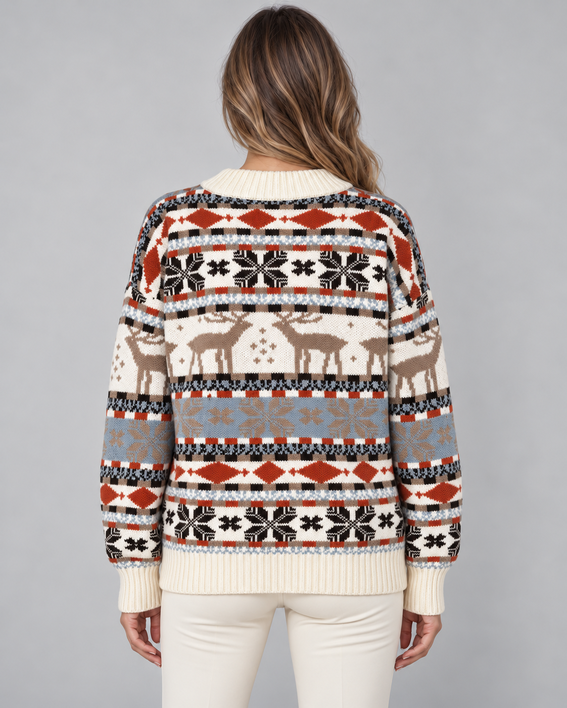 Women's Fair Isle Christmas Jumper - Reindeer Snowflake Mock Neck