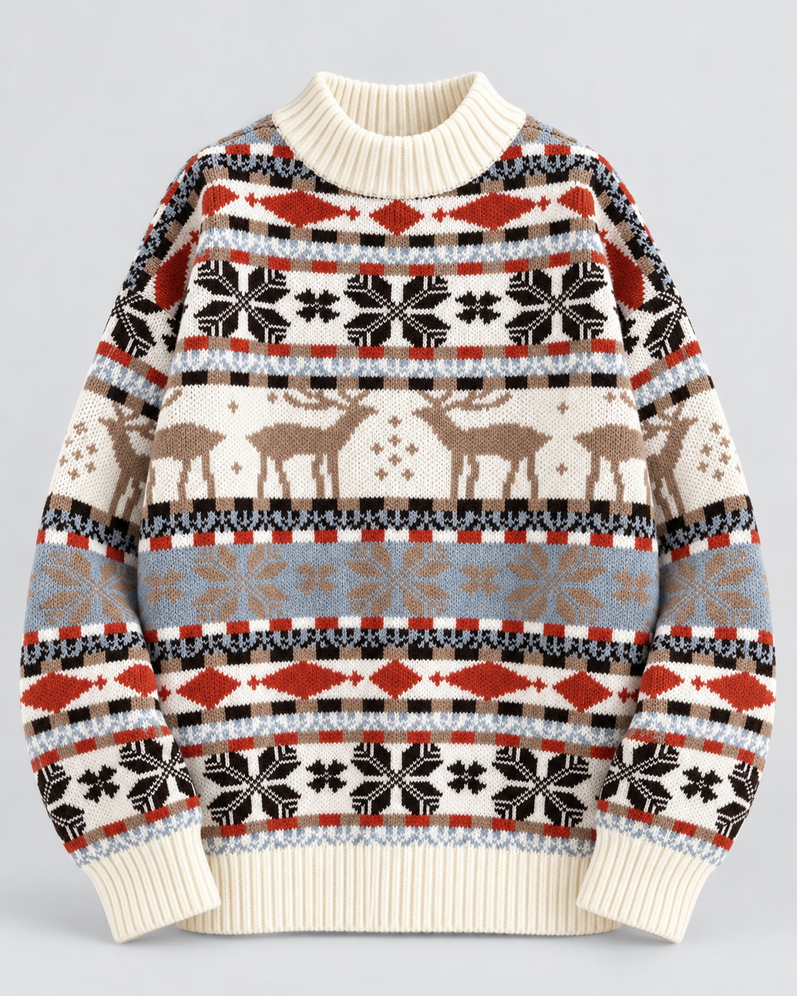 Women's Fair Isle Christmas Jumper - Reindeer Snowflake Mock Neck