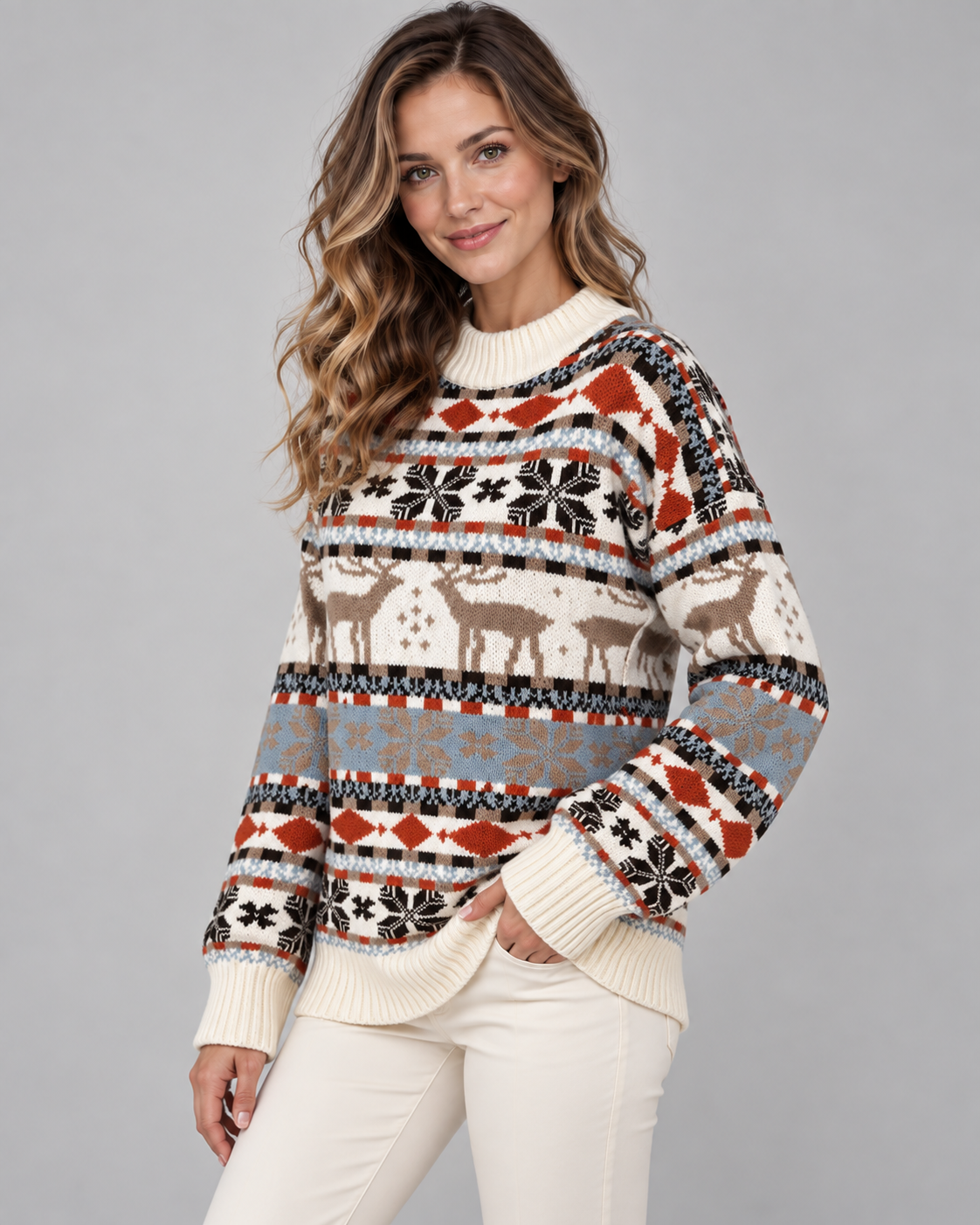 Women's Fair Isle Christmas Jumper - Reindeer Snowflake Mock Neck