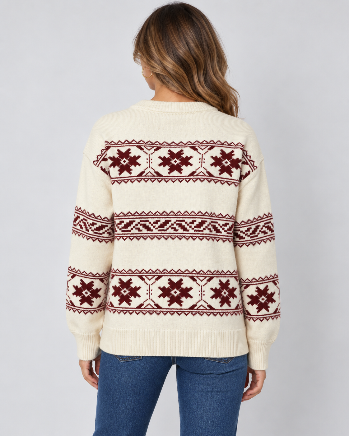 Women's Fair Isle Jumper - Crew Neck Snowflake Relaxed Fit