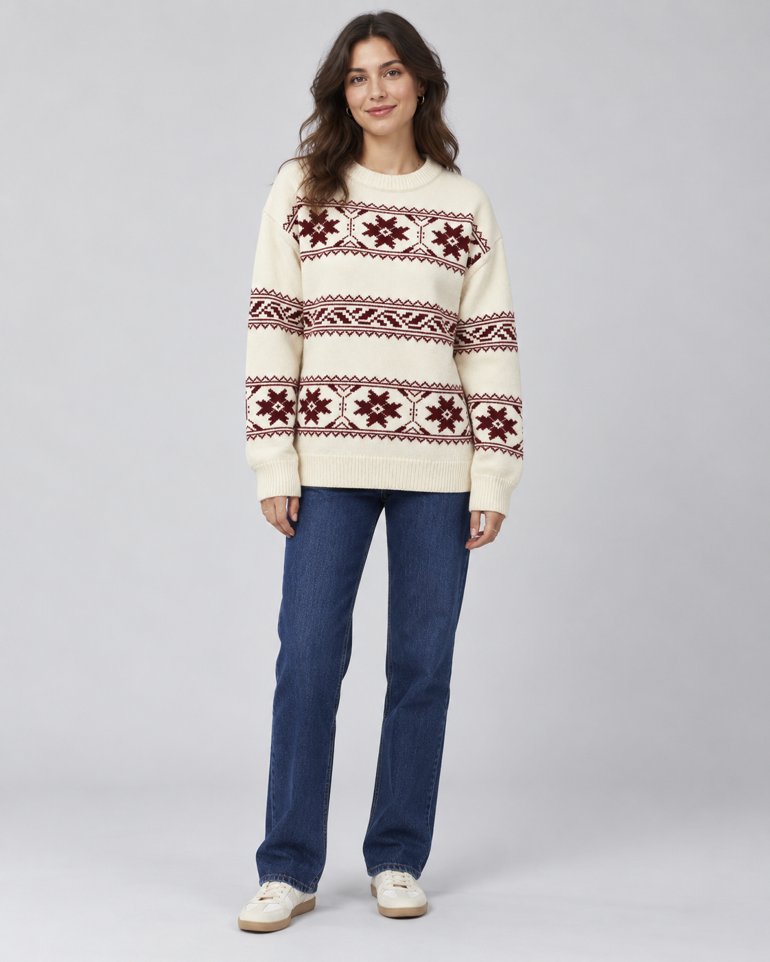 Women's Fair Isle Jumper - Crew Neck Snowflake Relaxed Fit